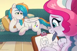 Size: 2641x1779 | Tagged: safe, artist:skysorbett, derpibooru import, oc, oc:sky sorbet, oc:twister joy, unofficial characters only, pegasus, pony, couch, crayon, curly hair, curly mane, draw me like one of your french girls, drawing, duo, duo male and female, eyebrows, female, image, lying down, male, mare, mouth hold, multicolored mane, pegasus oc, pencil, pillow, png, smiling, stallion, two toned mane, wings