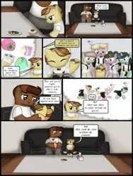 Size: 1750x2333 | Tagged: safe, artist:99999999000, derpibooru import, oc, oc:zhang cathy, oc:zhang xiangfan, unofficial characters only, earth pony, pony, comic:grow with children, colt, comic, couch, father, father and child, father and daughter, female, filly, foal, food, image, male, pearl, png, school, toy