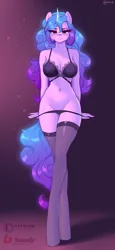 Size: 1845x4000 | Tagged: suggestive, artist:xjenn9, derpibooru import, izzy moonbow, anthro, unguligrade anthro, unicorn, g5, belly button, bra, breasts, busty izzy moonbow, cleavage, clothes, commission, female, image, lingerie, looking at you, panties, panty pull, png, simple background, socks, solo, solo female, stockings, thigh highs, underwear, undressing, ych example, your character here