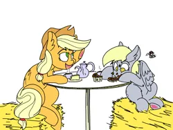 Size: 3508x2641 | Tagged: safe, artist:ponny, derpibooru import, applejack, derpy hooves, earth pony, pegasus, cafe, cake, colored, cup, eating, food, hay bale, hoof heart, image, muffin, png, table, teacup, teapot, underhoof, wave