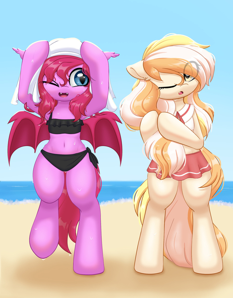 Size: 2000x2551 | Tagged: safe, artist:one4pony, derpibooru import, oc, oc:cheery bell, unofficial characters only, bat pony, earth pony, pony, bat pony oc, bat wings, clothes, earth pony oc, image, jpeg, swimsuit, wings