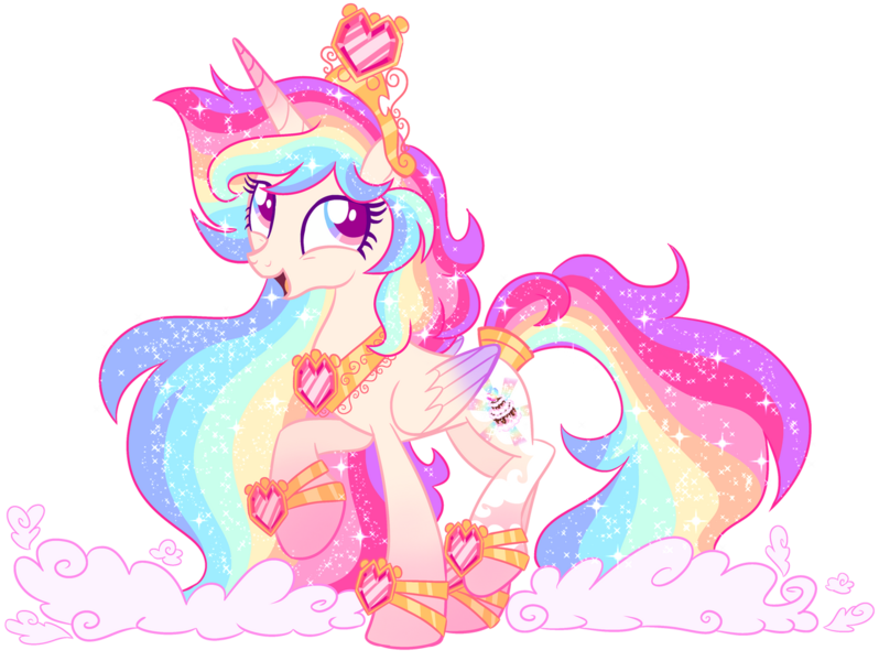 Size: 1280x962 | Tagged: safe, artist:shebasoda, derpibooru import, oc, oc:queencess rainbowheart glittercake, alicorn, pony, cloud, crown, female, folded wings, happy, heart, image, jewelry, mare, multicolored hair, png, rainbow hair, regalia, simple background, transparent background, wings