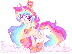 Size: 1280x962 | Tagged: safe, artist:shebasoda, derpibooru import, oc, oc:queencess rainbowheart glittercake, alicorn, pony, cloud, crown, female, folded wings, happy, heart, image, jewelry, mare, multicolored hair, png, rainbow hair, regalia, simple background, transparent background, wings