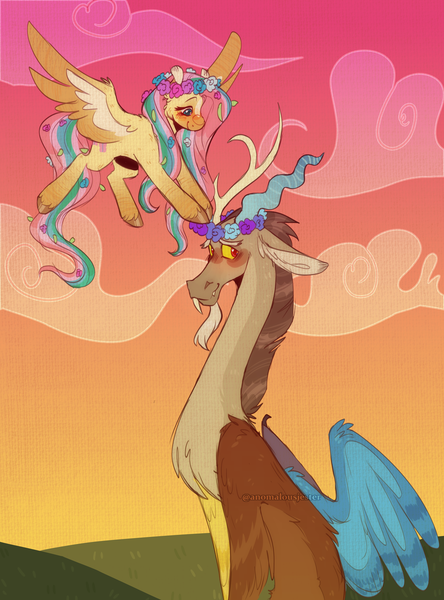 Size: 2595x3510 | Tagged: safe, artist:anomalousjester, derpibooru import, discord, fluttershy, draconequus, pegasus, pony, alternate design, blushing, cloud, cute, digital art, discoshy, fangs, female, floral head wreath, flower, flying, image, male, png, shipping, straight, twitterina design