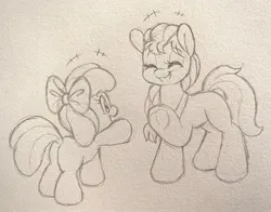 Size: 2048x1608 | Tagged: safe, artist:tamabel, derpibooru import, apple bloom, sunny starscout, earth pony, pony, g5, bloom butt, butt, eyes closed, female, filly, foal, hoof heart, image, jpeg, mare, sketch, traditional art, underhoof