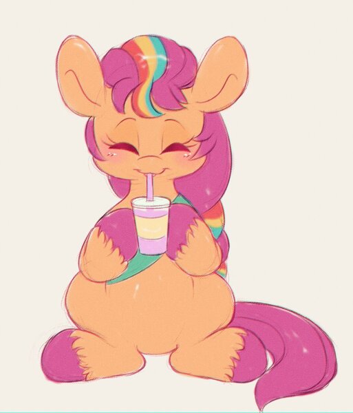 Size: 1088x1272 | Tagged: safe, artist:tamabel, derpibooru import, sunny starscout, earth pony, pony, g5, cute, daaaaaaaaaaaw, drink, drinking, drinking straw, eyes closed, female, image, jpeg, mane stripe sunny, mare, sitting, smiling, solo, sunnybetes, unshorn fetlocks