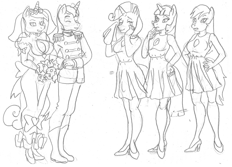 Size: 1888x1364 | Tagged: suggestive, artist:vytz, derpibooru import, part of a set, princess cadance, queen chrysalis, rainbow dash, rarity, shining armor, twilight sparkle, anthro, plantigrade anthro, bored, bouquet, bouquet of flowers, breasts, bride, bridesmaid, bridesmaid dress, cleavage, clothes, cosplay, costume, crossdressing, crying, disguise, dress, fake breasts, fake cadance, fake shining armor, fetish, flower, forced cosplay, groom, happy, holding hands, image, implied queen chrysalis, implied shining armor, jpeg, marriage, mask, masking, military uniform, mind control, part of a series, pencil drawing, simple background, skinsuit, smiling, suspicious, tears of joy, traditional art, uniform, wedding, wedding dress, wedding veil, white background