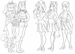 Size: 1888x1364 | Tagged: suggestive, artist:vytz, derpibooru import, part of a set, princess cadance, queen chrysalis, rainbow dash, rarity, shining armor, twilight sparkle, anthro, plantigrade anthro, bored, bouquet, bouquet of flowers, breasts, bride, bridesmaid, bridesmaid dress, cleavage, clothes, cosplay, costume, crossdressing, crying, disguise, dress, fake breasts, fake cadance, fake shining armor, fetish, flower, forced cosplay, groom, happy, holding hands, image, implied queen chrysalis, implied shining armor, jpeg, marriage, mask, masking, military uniform, mind control, part of a series, pencil drawing, simple background, skinsuit, smiling, suspicious, tears of joy, traditional art, uniform, wedding, wedding dress, wedding veil, white background