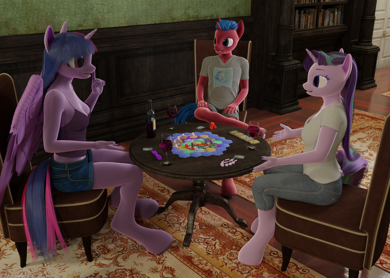 Size: 1792x1280 | Tagged: safe, artist:stellarator, derpibooru import, starlight glimmer, twilight sparkle, oc, oc:juicebox, anthro, unguligrade anthro, comic:a morning with the night, 3d, blender, blender cycles, board game, comic, cycles render, image, png