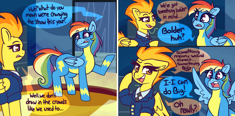 Size: 5000x2484 | Tagged: safe, artist:graphenescloset, derpibooru import, rainbow dash, spitfire, pegasus, pony, series:blubberbolt dash, captain of the wonderbolts, clothes, comic, dialogue, drill sergeant, image, incentive drive, necktie, open mouth, open smile, png, smiling, speech bubble, spitfire's office, spitfire's tie, spread wings, suit, this will end in weight gain, tubby wubby pony waifu, uniform, weight gain sequence, wings, wonderbolts dress uniform, wonderbolts uniform