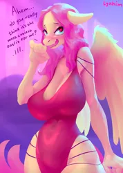Size: 1618x2277 | Tagged: suggestive, artist:lyahim, derpibooru import, fluttershy, anthro, pegasus, pony, big breasts, blushing, breasts, busty fluttershy, cleavage, clothes, dress, female, floppy ears, heart, heart eyes, huge breasts, image, implied blowjob, implied oral, implied sex, mare, png, solo, solo female, talking to viewer, wide hips, wingding eyes