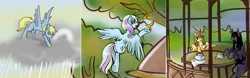 Size: 1280x401 | Tagged: oc name needed, safe, artist:storyofthemy, artist:wailoon, oc, oc:solweig, oc:windswept skies, unofficial characters only, alicorn, bird, pegasus, pony, cloud, cropped, female, flying, gazebo, image, male, mare, png, rain, raincloud, stallion