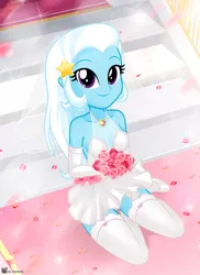 Size: 888x1221 | Tagged: safe, artist:charliexe, derpibooru import, trixie, equestria girls, alternate hairstyle, bride, clothes, cute, diatrixes, dress, evening gloves, female, flower, gloves, image, jpeg, kneeling, long gloves, marriage, socks, solo, stockings, thigh highs, wedding, wedding dress