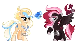 Size: 3664x2080 | Tagged: safe, artist:dixieadopts, derpibooru import, oc, oc:bubble beam, oc:moon glider, unofficial characters only, pegasus, pony, unicorn, bald face, blaze (coat marking), blue eyes, body markings, coat markings, collar, colored eartips, colored hooves, colored muzzle, colored wings, cyan eyes, duo, ear piercing, earring, facial markings, female, gradient mane, gradient tail, gradient wings, image, jewelry, leg fluff, lidded eyes, mare, pale belly, parent:fluttershy, parent:oc:nozzle, parent:oc:rock, parent:trixie, parents:canon x oc, piercing, png, raised hoof, simple background, socks (coat marking), spread wings, standing, tail, transparent background, wings