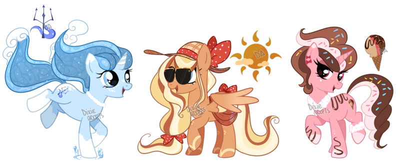 Size: 5659x2321 | Tagged: safe, artist:dixieadopts, derpibooru import, oc, oc:creamy parade, oc:ocean wave, oc:sunny caramel, unofficial characters only, pegasus, pony, unicorn, anklet, blue eyes, bow, coat markings, collar, colored eartips, colored hooves, colored wings, female, food, freckles, gradient wings, hat, horn, image, jewelry, leg freckles, lidded eyes, looking at you, magical lesbian spawn, mare, necklace, offspring, parent:applejack, parent:donut joe, parent:fluttershy, parent:pinkie pie, parent:trixie, parent:vapor trail, parents:appleshy, parents:pinkiejoe, partially open wings, png, ponytail, red eyes, simple background, socks (coat marking), sprinkles, standing, standing on two hooves, striped horn, sun hat, sunglasses, tail, tail bow, transparent background, trio, watermark, wings
