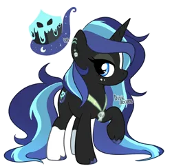 Size: 2000x1927 | Tagged: safe, artist:dixieadopts, derpibooru import, oc, oc:midnight facade, pony, unicorn, blaze (coat marking), blue eyes, coat markings, colored hooves, ear piercing, earring, facial markings, female, freckles, horn, image, jewelry, long mane, looking at you, mare, necklace, parent:oc, parent:shining armor, parents:canon x oc, piercing, png, raised hoof, simple background, skull, smiling, socks (coat marking), solo, standing, transparent background, unicorn oc, unshorn fetlocks