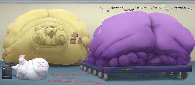 Size: 4000x1741 | Tagged: questionable, semi-grimdark, artist:lupin quill, derpibooru import, fluttershy, nurse redheart, twilight sparkle, twilight sparkle (alicorn), alicorn, pony, series:laissez-faire (weight gain), beanbag chair, belly, belly bed, belly button, belly grab, big belly, bingo wings, blob, blushing, burger, burp, butt, cake, canula, cellulite, chubby cheeks, eating, fast food, fat, fat fetish, fattershy, feedee, feeding tube, female, fetish, flabby chest, food, hay burger, heart monitor, huge belly, huge butt, image, immobile, impossibly large belly, impossibly large butt, impossibly obese, large butt, life support, lineless, magic, messy eating, messy hair, morbidly obese, multichin, near immobile, neck roll, nurse roundheart, obese, onomatopoeia, oxygen tank, panting, pie, plot, png, rolls of fat, sitting, slob, solo, solo female, stretched cutie mark, stuffed, stuffing, sweat, sweatdrop, telekinesis, this will end in pain, this will end in pain and/or death, this will end in weight gain, twilard sparkle, twilight burgkle, underhoof