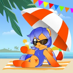 Size: 5000x5000 | Tagged: safe, artist:jhayarr23, derpibooru import, oc, oc:solar aura, unofficial characters only, pegasus, beach, beach ball, beach towel, clothes, commission, commissioner:solar aura, drink, drinking straw, image, pegasus oc, png, sunglasses, swimsuit, towel, wings, ych result
