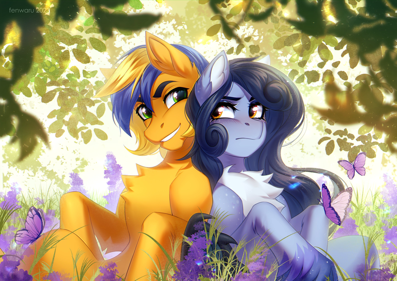 Size: 3507x2480 | Tagged: safe, artist:fenwaru, derpibooru import, oc, oc:lunar flame, oc:tundra, pegasus, pony, back to back, chest fluff, cuddling, cute, foliage, grin, image, outdoors, png, smiling, tsundere, unshorn fetlocks