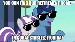 Size: 800x450 | Tagged: safe, derpibooru import, edit, edited screencap, screencap, night light, twilight velvet, pony, unicorn, the crystalling, caption, coral gables, duo, female, florida, image, jpeg, male, mare, meme, pun, retirement, smiling, stallion, sunglasses, text, train station, united states