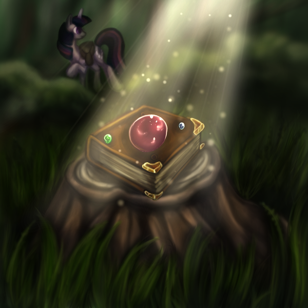 Size: 1000x1000 | Tagged: safe, artist:opal2023, derpibooru import, twilight sparkle, pony, unicorn, + artist:opal2023, book, forest, hunting, image, light, painting, png, solo, tree