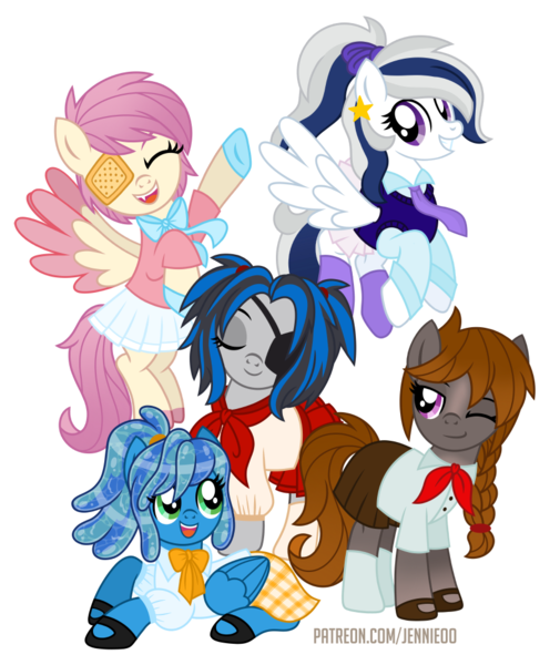 Size: 842x1000 | Tagged: safe, artist:jennieoo, derpibooru import, oc, oc:gentle star, oc:katysha snow, oc:milky way, oc:ocean soul, oc:shadow dweller, earth pony, pegasus, pony, clothes, eyes closed, happy, image, laughing, looking at you, one eye closed, png, ponytail, ribbon, school uniform, show accurate, simple background, skirt, smiling, smiling at you, transparent background, vector, wink