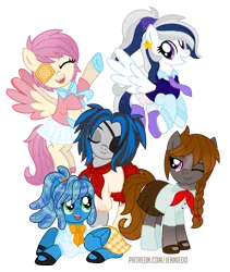 Size: 842x1000 | Tagged: safe, artist:jennieoo, derpibooru import, oc, oc:gentle star, oc:katysha snow, oc:milky way, oc:ocean soul, oc:shadow dweller, earth pony, pegasus, pony, clothes, eyes closed, happy, image, laughing, looking at you, one eye closed, png, ponytail, ribbon, school uniform, show accurate, simple background, skirt, smiling, smiling at you, transparent background, vector, wink