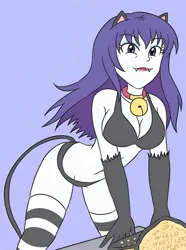 Size: 1340x1800 | Tagged: suggestive, artist:sumin6301, derpibooru import, rarity, human, equestria girls, bell, bell collar, belt, bent over, black bra, black panties, black underwear, breasts, busty rarity, cat ears, cat tail, championship belt, clothes, collar, desk, eyebrows, eyebrows visible through hair, eyeliner, fangs, female, gloves, happy, image, jpeg, lipstick, looking at you, makeup, purple background, raricat, red lipstick, simple background, smiling, socks, solo, solo female, stockings, striped socks, tail, thigh highs, underwear
