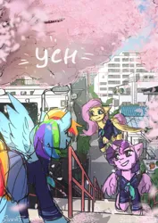 Size: 2480x3508 | Tagged: safe, artist:sinrinf, derpibooru import, fluttershy, rainbow dash, twilight sparkle, oc, alicorn, pegasus, pony, unicorn, cherry blossoms, city, clothes, commission, flower, flower blossom, image, japan, png, school uniform, sketch, street, your character here