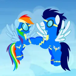 Size: 1400x1400 | Tagged: safe, artist:mlplary6, derpibooru import, rainbow dash, soarin', pegasus, pony, aviator goggles, boyfriend and girlfriend, clothes, female, flying, goggles, holding hooves, image, male, mare, png, shipping, sky, smiling, soarindash, stallion, straight, uniform, wonderbolts, wonderbolts uniform