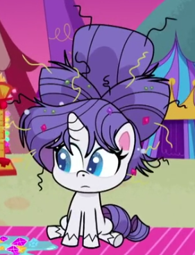 Size: 281x368 | Tagged: safe, derpibooru import, screencap, rarity, pony, unicorn, my little pony: pony life, spoiler:pony life s02e17, blue eyes, chibi, cropped, female, hairstyle, image, long hair, long mane, mare, messy mane, png, purple hair, purple mane, purple tail, solo, tail, what goes updo, white fur