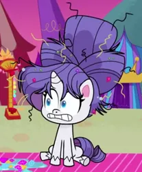 Size: 345x417 | Tagged: safe, derpibooru import, screencap, rarity, pony, unicorn, my little pony: pony life, spoiler:pony life s02e17, blue eyes, cropped, female, hairstyle, image, long hair, long mane, mare, messy mane, png, purple hair, purple mane, purple tail, sitting, solo, solo female, tail, teeth, what goes updo