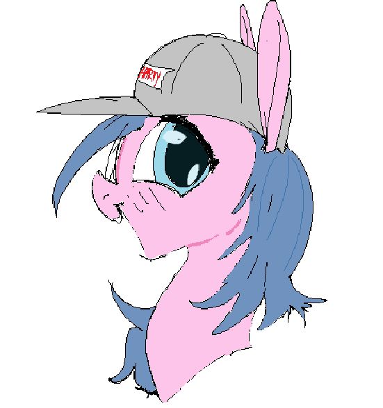 Size: 551x588 | Tagged: safe, anonymous artist, artist:anonymous, oc, ponified, pony, admin, blue mane, bust, crossgender, doll (soyjak), female, happy, hat, image, light blue eyes, mare, pink coat, png, sideways, sideways glance, simple background, soyjak, soyjak.party, white background