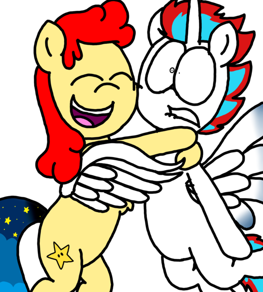 Size: 3023x3351 | Tagged: safe, artist:professorventurer, derpibooru import, oc, oc:power star, oc:solar eclipse, pony, bear hug, female, fluffy, fluffy wings, hug, image, lip bite, male, mare, png, stallion, wings