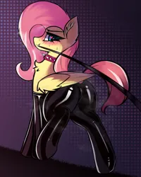 Size: 1332x1665 | Tagged: suggestive, artist:shepardinthesky, fluttershy, pegasus, pony, /mlp/ latex requests, blushing, chest fluff, clothes, collar, evening gloves, female, flutterdom, folded wings, gloves, heart eyes, image, latex, latex gloves, latex pants, leash, long gloves, looking at you, mare, mouth hold, pants, png, socks, solo, solo female, steam, sweat, wing fluff, wingding eyes, wings