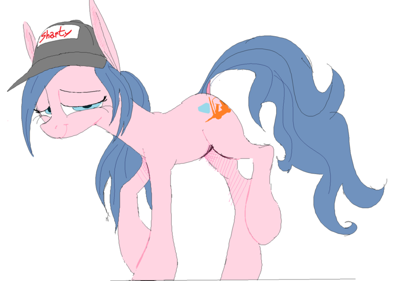 Size: 1071x759 | Tagged: safe, anonymous artist, artist:anonymous, oc, ponified, pony, admin, blue mane, blue tail, crossgender, cutie mark, doll (soyjak), female, forklift, forklift certified, full body, gem, glasses, happy, hat, image, light blue eyes, mare, pink coat, png, shy, simple background, soyjak, soyjak.party, tired, white background