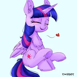 Size: 1080x1080 | Tagged: safe, artist:twiliset, derpibooru import, twilight sparkle, twilight sparkle (alicorn), alicorn, pony, blue background, blushing, chest fluff, cute, daaaaaaaaaaaw, ear fluff, eyebrows, eyebrows visible through hair, eyes closed, female, floating heart, fluffy, folded wings, frog (hoof), happy, heart, horn, image, mare, open mouth, open smile, png, signature, simple background, sitting, smiling, solo, twiabetes, underhoof, wings