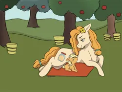 Size: 1936x1452 | Tagged: safe, artist:gingerdoodlez, derpibooru import, applejack, pear butter, earth pony, pony, apple, apple tree, baby, baby pony, babyjack, cute, daaaaaaaaaaaw, duo, eyes closed, female, filly, filly applejack, floppy ears, flower, flower in hair, foal, food, image, jpeg, looking up, lying down, mare, mother and child, mother and daughter, prone, smiling, sploot, sweet apple acres, tree, younger