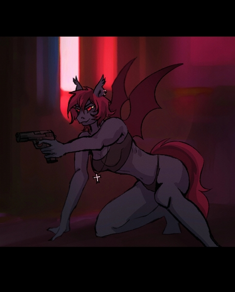 Size: 1976x2451 | Tagged: suggestive, derpibooru import, anthro, bat pony, clothes, female, gun, handgun, image, jpeg, lingerie, pistol, solo, weapon