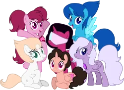 Size: 3228x2348 | Tagged: safe, artist:hatsuukki, artist:siti shafiyyah, ponerpics import, ponybooru import, ponified, alicorn, earth pony, pegasus, pony, unicorn, amethyst (steven universe), base used, cartoon network, crystal gems (steven universe), female, garnet (steven universe), gem (steven universe), glasses, group, happy, ibis paint, image, lapis lazuli (steven universe), looking at you, male, mammal, my little pony, open mouth, open smile, pearl (steven universe), png, simple background, smiling, smiling at you, species swap, spinel (steven universe), steven universe, steven universe (steven universe), transparent background, vector