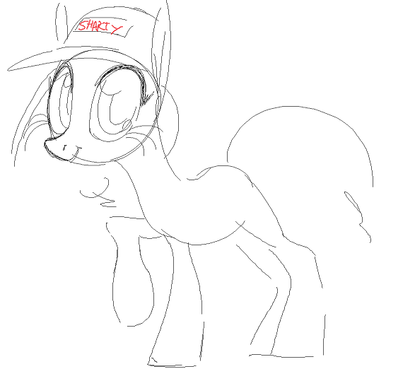 Size: 587x522 | Tagged: safe, anonymous artist, artist:anonymous, oc, ponified, pony, admin, crossgender, cutie mark, doll (soyjak), female, full body, happy, hat, image, looking at you, mare, monochrome, png, raised hoof, raised leg, simple background, sketch, soyjak, soyjak.party, white background