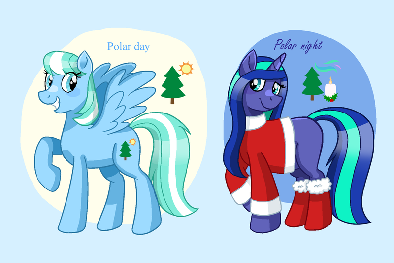 Size: 1800x1200 | Tagged: safe, derpibooru import, pegasus, unicorn, blue mane, christmas, christmas stocking, christmas sweater, clothes, cyan eyes, cyan mane, holiday, image, light blue eyes, png, polar, polar day, polar night, seasons, solo, sweater