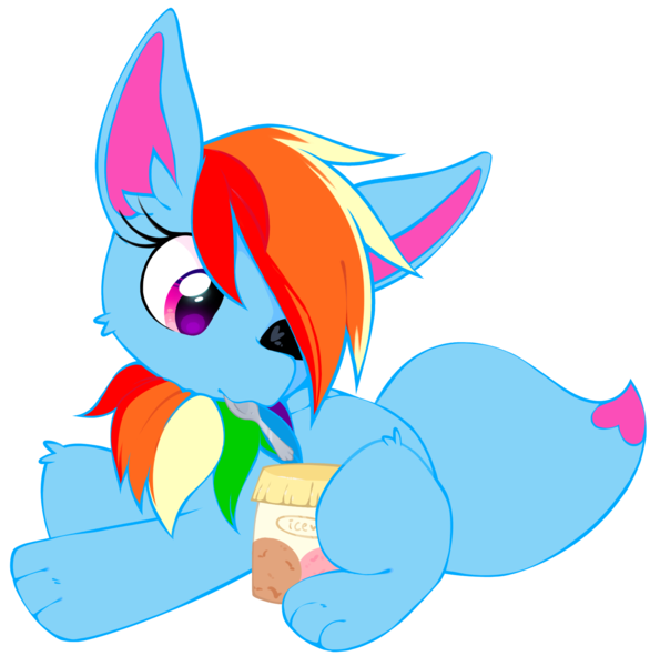 Size: 1749x1765 | Tagged: safe, artist:rainbow eevee, ponerpics import, ponybooru import, oc, oc:rainbow eevee, cute, eyelashes, female, food, ice cream, image, looking down, mouth hold, multicolored hair, one eye closed, pink eyes, png, ponybooru collab 2023, prone, rainbow hair, simple background, solo, spoon, transparent background, vector