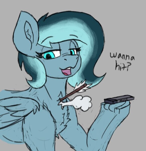 Size: 663x682 | Tagged: safe, artist:reddthebat, derpibooru import, oc, oc:alaska (reddthebat), unofficial characters only, ghost, ghost pony, pony, undead, arrow, chest fluff, e-cigerette, eyebrows, eyebrows visible through hair, female, frog (hoof), gray background, hoof hold, image, jpeg, lidded eyes, looking at you, mare, open mouth, open smile, simple background, smiling, smiling at you, solo, talking to viewer, underhoof, vape