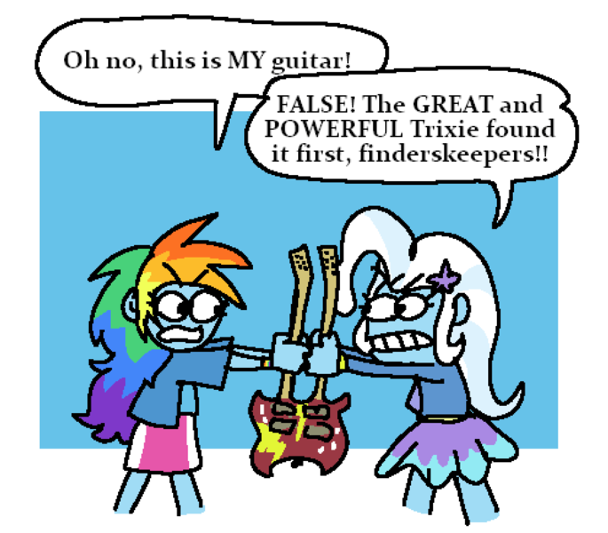 Size: 1488x1303 | Tagged: safe, artist:punkittdev, derpibooru import, rainbow dash, trixie, human, pony, equestria girls, guitar centered, dialogue, double neck guitar, electric guitar, female, gritted teeth, guitar, image, mare, musical instrument, passepartout, png, speech bubble, teeth