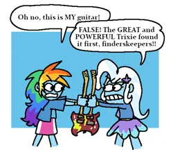 Size: 1488x1303 | Tagged: safe, artist:punkittdev, derpibooru import, rainbow dash, trixie, human, pony, equestria girls, guitar centered, dialogue, double neck guitar, electric guitar, female, gritted teeth, guitar, image, mare, musical instrument, passepartout, png, speech bubble, teeth
