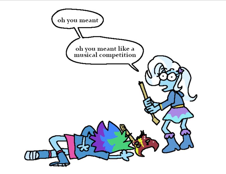 Size: 2182x1685 | Tagged: safe, artist:punkittdev, derpibooru import, rainbow dash, trixie, human, equestria girls, guitar centered, dialogue, double neck guitar, duo, electric guitar, family guy death pose, guitar, image, musical instrument, png, speech bubble