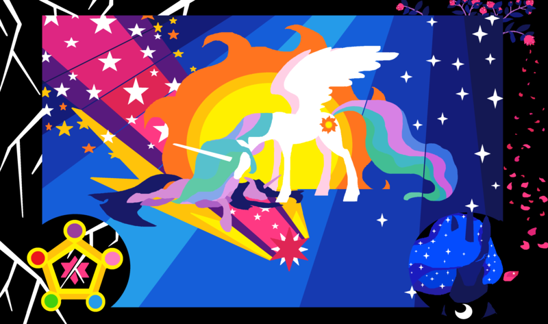 Size: 4264x2520 | Tagged: safe, artist:foldawaywings, derpibooru import, princess celestia, princess luna, twilight sparkle, alicorn, pony, unicorn, abstract background, amaranth, element of generosity, element of honesty, element of kindness, element of laughter, element of loyalty, element of magic, elements of harmony, ethereal mane, female, image, mare, png, shooting star, starry mane, stars, sun, unicorn twilight