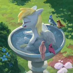 Size: 1000x1000 | Tagged: safe, artist:anonymous, artist:redruin01, derpibooru import, derpy hooves, bird, pegasus, pony, /mlp/, 4chan, behaving like a bird, bird bath, bush, cute, derpabetes, drawthread, eyes closed, female, filly, flower, g4, grass, happy, image, lineless, mare, open smile, outdoors, painterly, png, sitting, smiling, solo, water