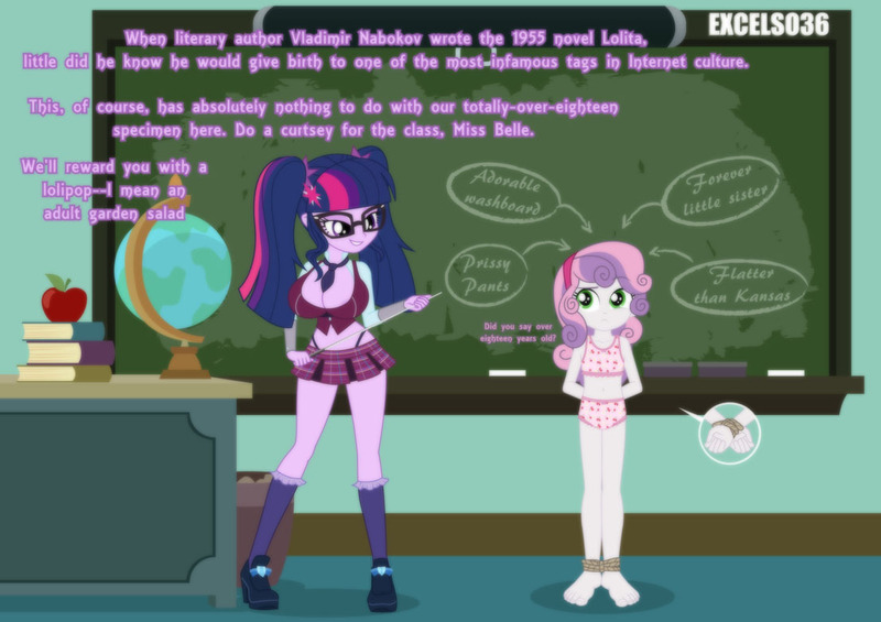 Size: 1107x782 | Tagged: questionable, artist:excelso36, banned from derpibooru, ponerpics import, ponybooru import, sweetie belle, twilight sparkle, human, equestria girls, apple, barefoot, big breasts, blushing, breasts, chalkboard, classroom, clothes, dazzling, domination, embarrassed, embarrassed underwear exposure, feet, female, food, glasses, hands behind back, high heels, humanized, humiliation, image, jpeg, lidded eyes, lolicon, male, male feet, male nipples, midriff, miniskirt, nudity, partial nudity, shoes, skirt, teacher, tied up, underage, underwear